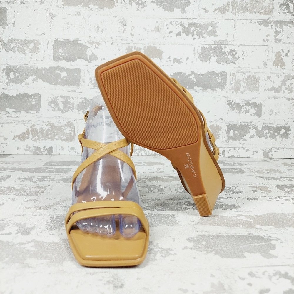 Tan Square Toe Wedge Sandals